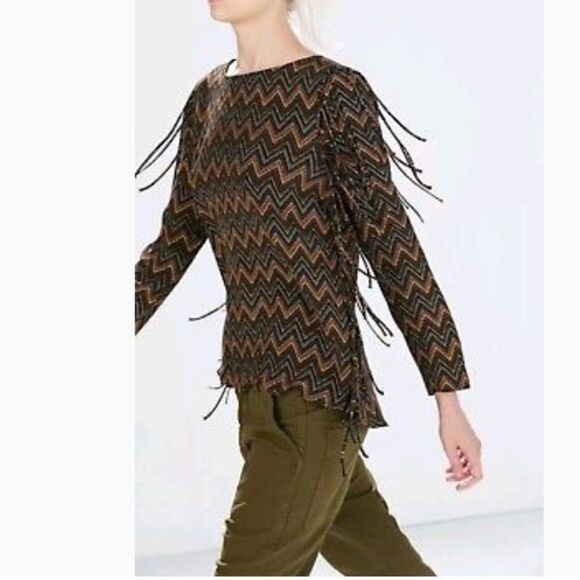 Zara Fringe Aztec Zig Zag Long Sleeve Blouse Small - Picture 1 of 7